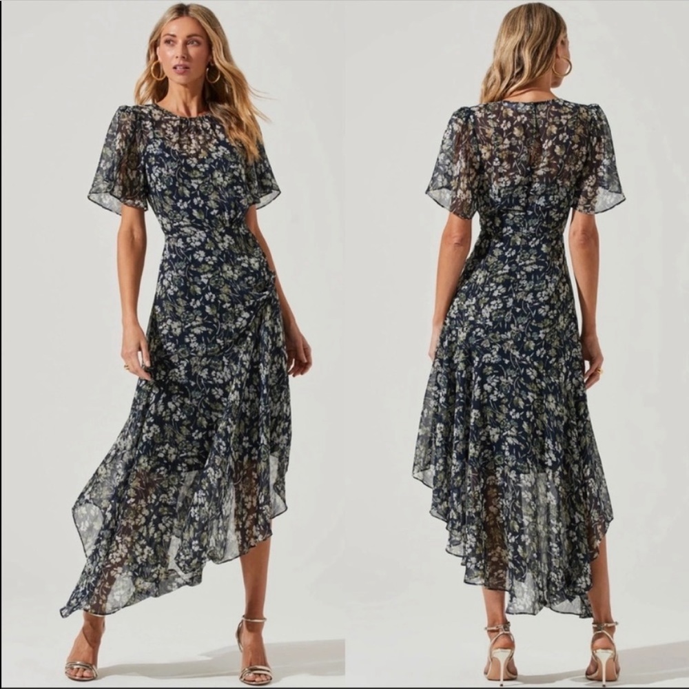 Astr | Flutter Sleeve Floral Maxi Asymmetrical Dress